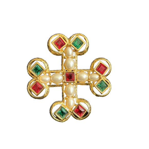 Joan Rivers Maltese cross Brooch Pin Gold Tone Faux Pearls Green Red Rhinestones - Picture 3 of 10